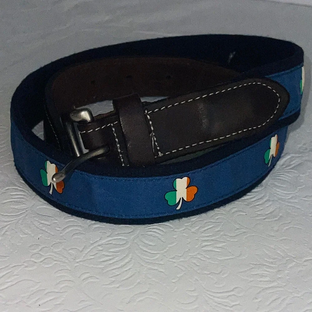 Vineyard Vines Men's Irish Flag Shamrock Canvas & Leather Belt 32 USA